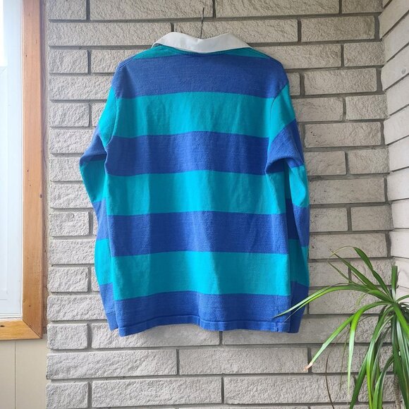 Vintage 80s 'Le Tigre' navy/turquoise striped long-sleeve rugby shirt men's XL - Picture 2 of 4